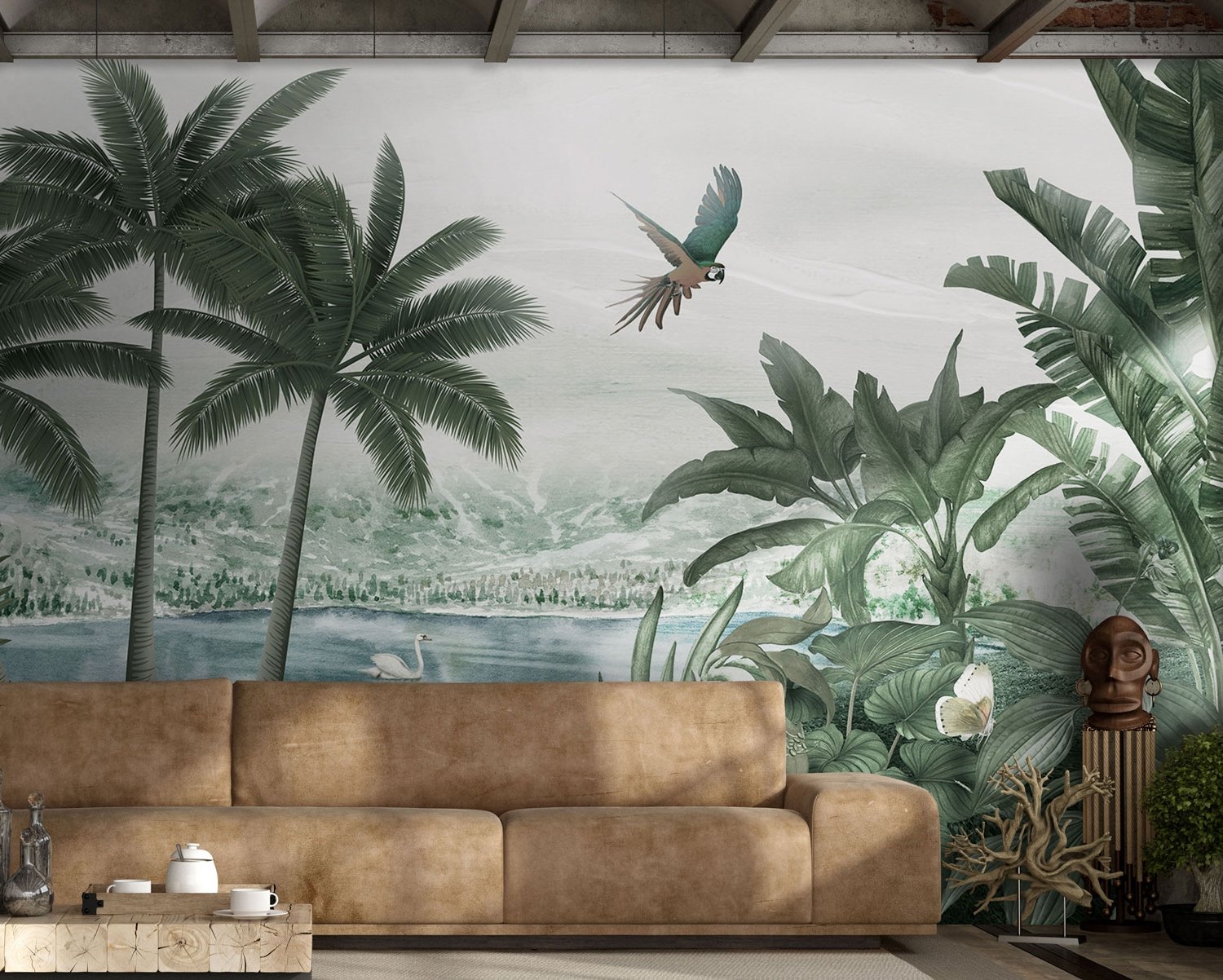 Misty Tropical Forest with Lake Wallpaper Mural - Peel and Stick