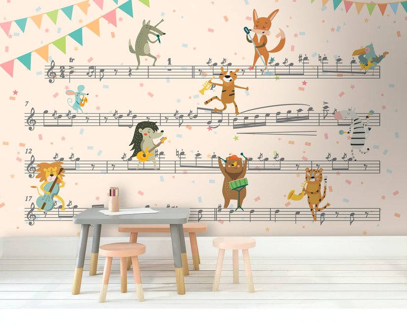 Cartoon Animals on Music Notes Wallpaper Mural