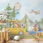 Kids Cute Watercolor Animals in the Bus Wallpaper Mural