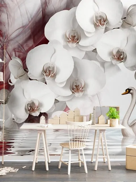 Swan and White Orchid with Red Smoke Pattern Wallpaper Mural