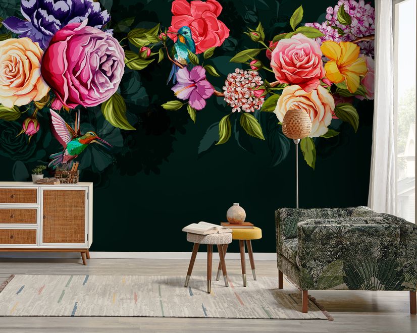 Dark Colorful Flowers Wallpaper Mural