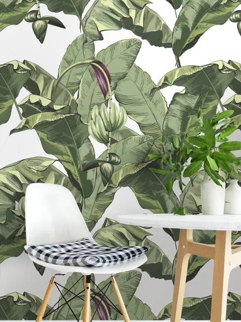 Green Tropical Bananana Leaves with Calla Lily Flowers Wallpaper Mural