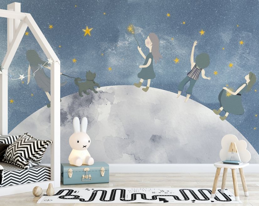 Papier peint panoramique filles sur la lune enfants