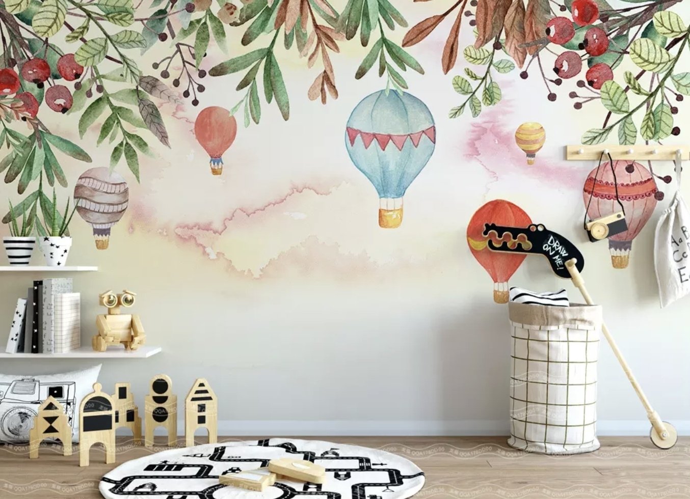 Kids Hot Air Balloon with Twigs Wallpaper Mural - Peel and Stick