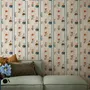 Cartoon wallpaper with rabbits, mice, a crowned fox and lambs in costumes between wavy blue stripes