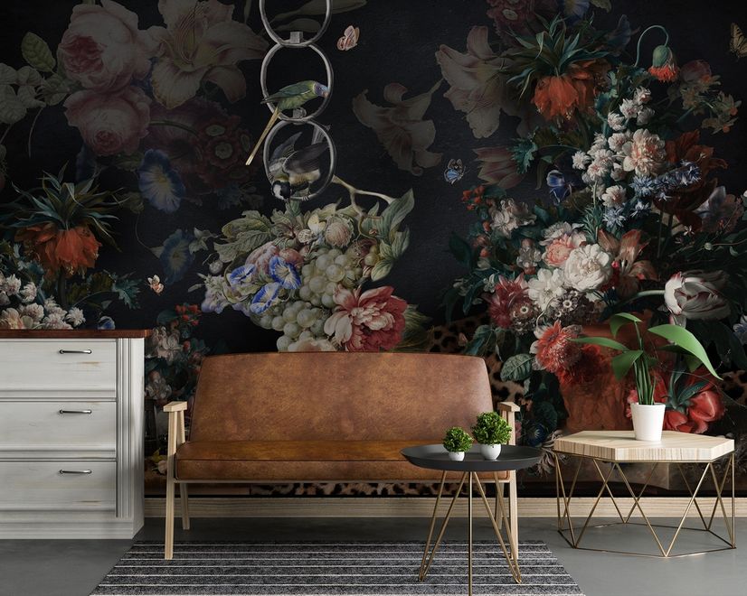 Dark Dutch Floral Bouquet with Birds Wallpaper Mural