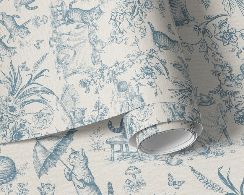 Cute cats wallpaper with dusty blue toile kittens, roses and garden scenes on warm cream