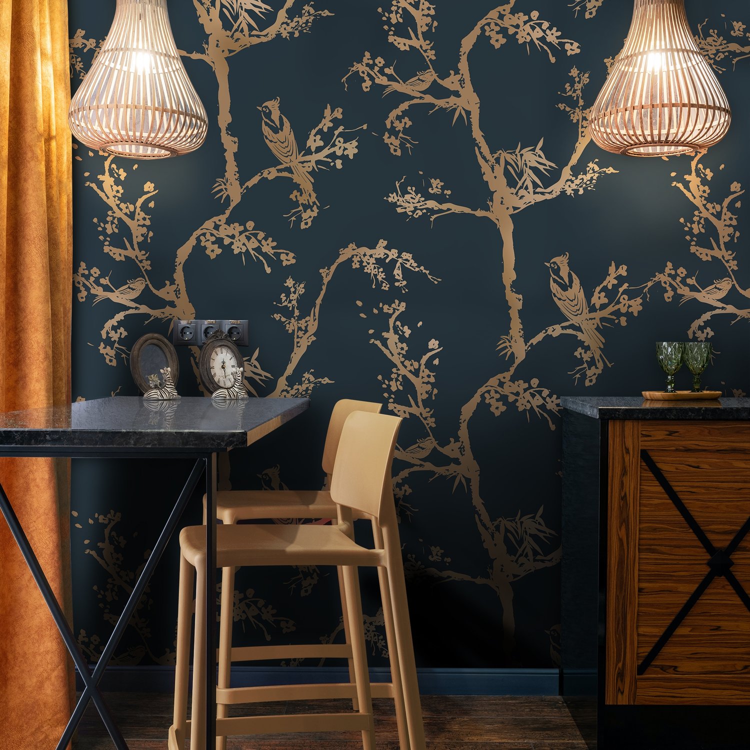 Gold Faux Tree Blossom Branch Silhouette with Birds Wallpaper Mural - Peel and Stick