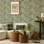 Light green and blue wallpaper with painted sage bamboo canes, olive leaves and pale celadon foliage ground