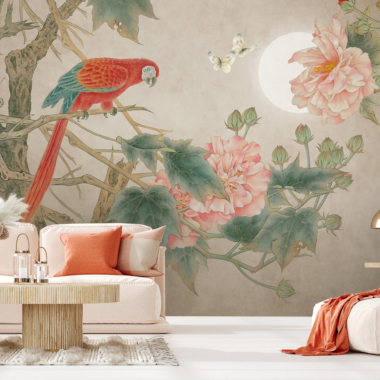 Nostalgic Peony Blossom and Parrot Wallpaper Mural - Peel and Stick
