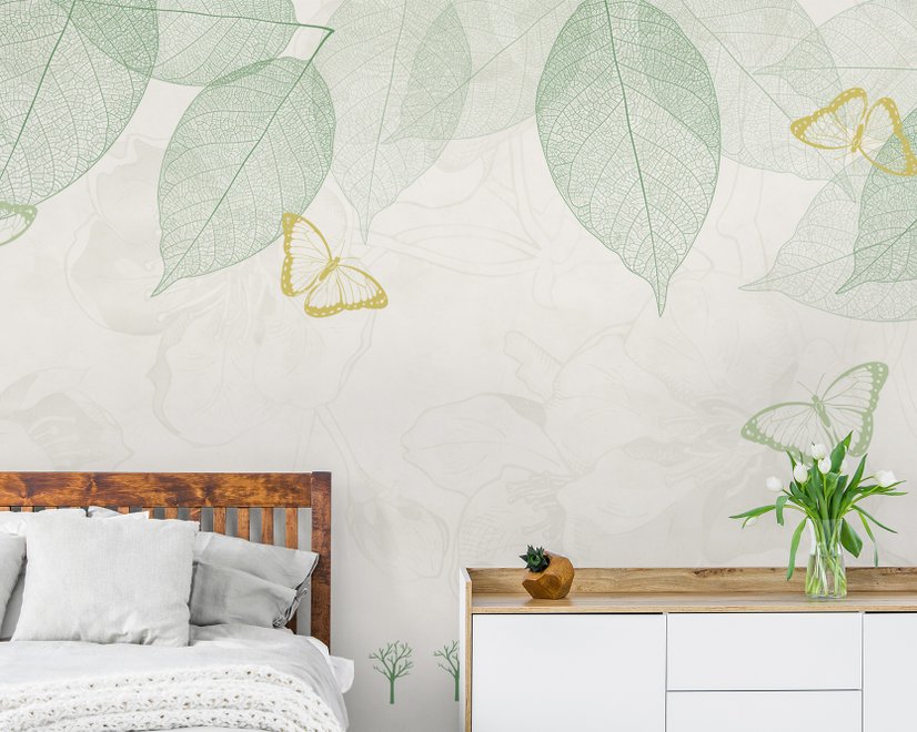 Papier peint nervures de feuilles avec petit motif de forêt