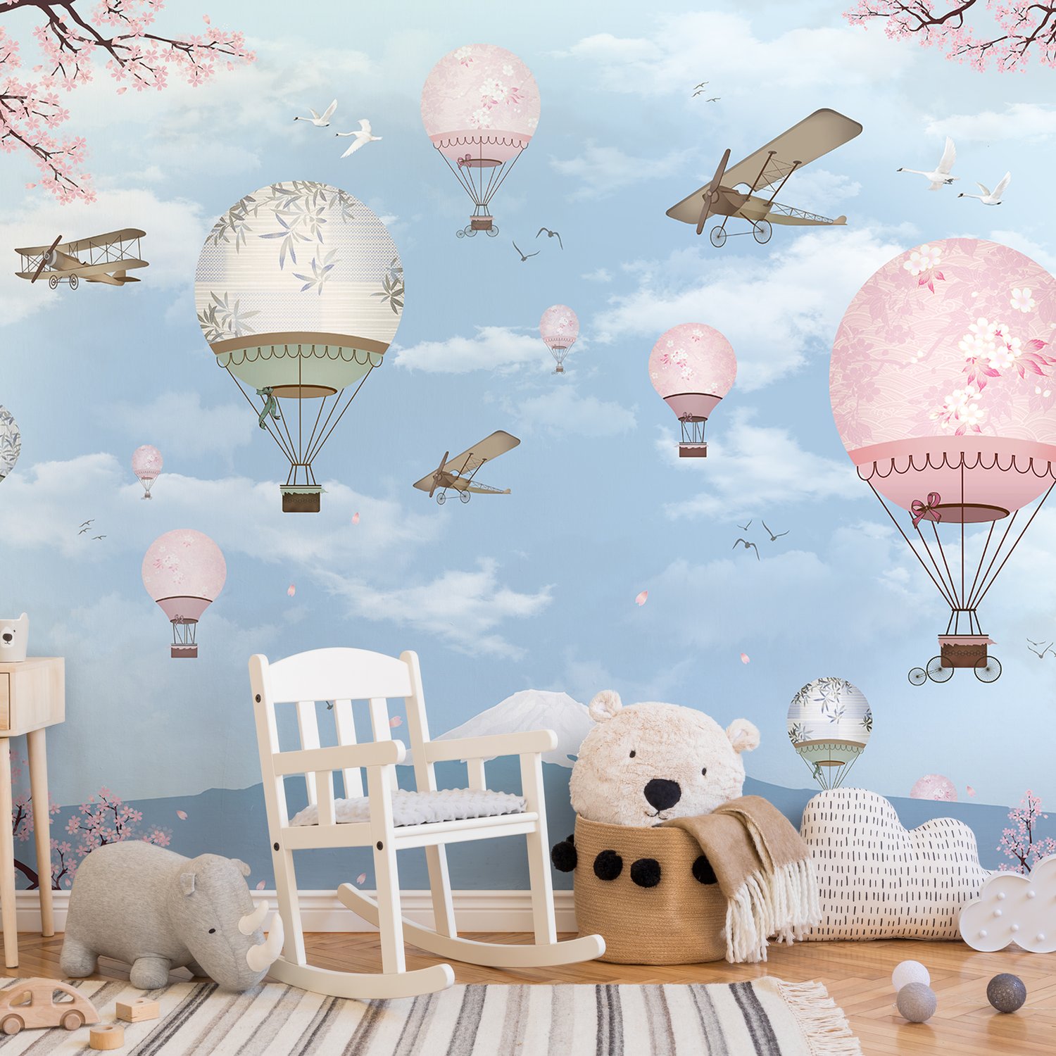 Cherry Blossom with Soft Hot Air Balloon Wallpaper Mural - Peel and Stick