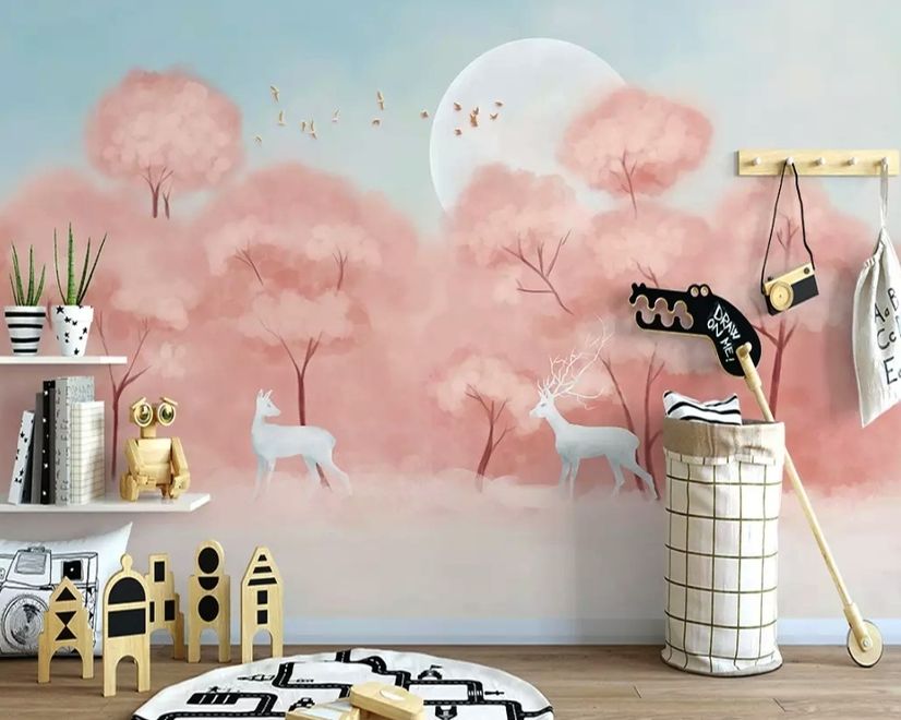 Pink Forest and Horned Deer Wallpaper Mural