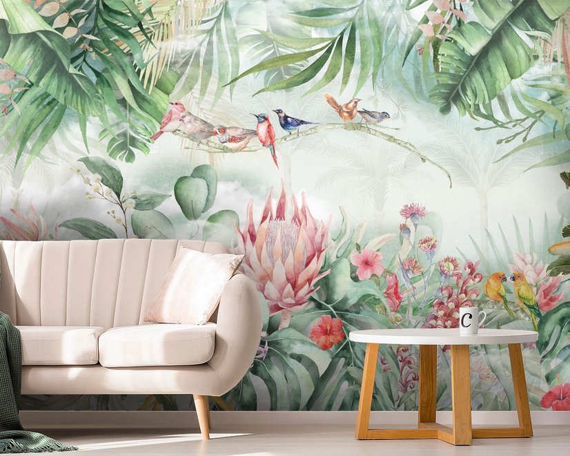 Colorful Tropical Exotic Cactus Floral with Little Birds Wallpaper Mural