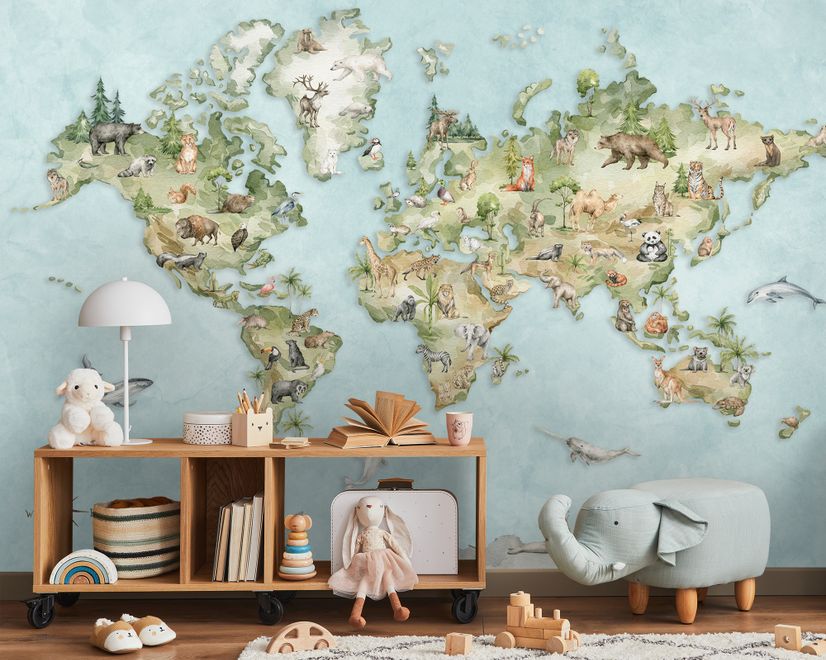 Watercolor Kids World Map with Soft Animals Wallpaper Mural