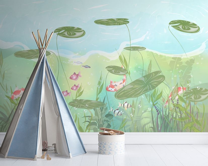 Nursery Lotus Leaf and Fish Wallpaper Mural