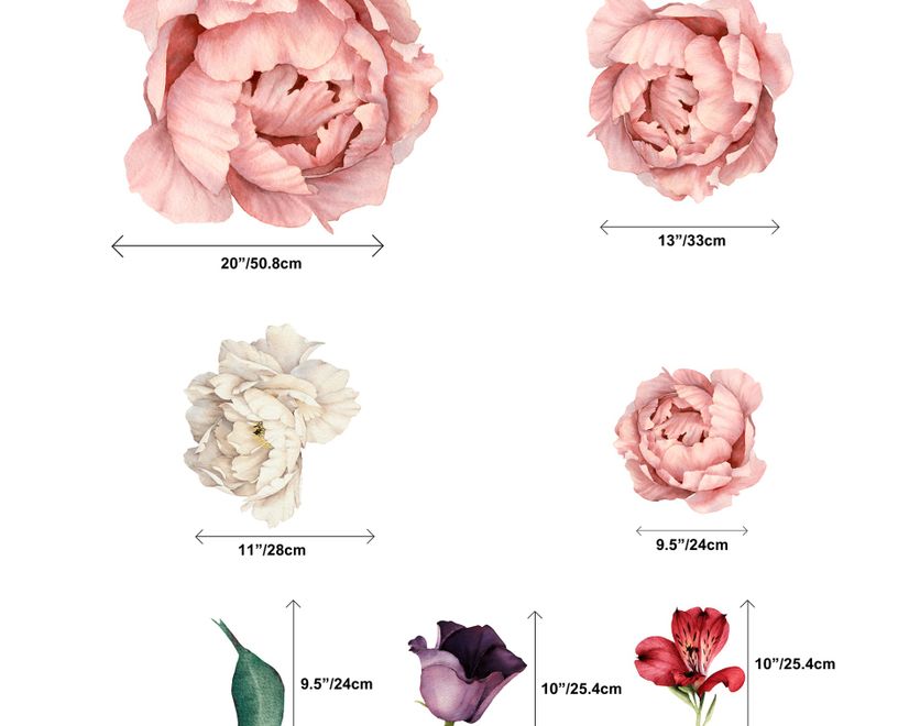 White Pink Peony Florals with Red Purple Tulips Wall Decal Sticker