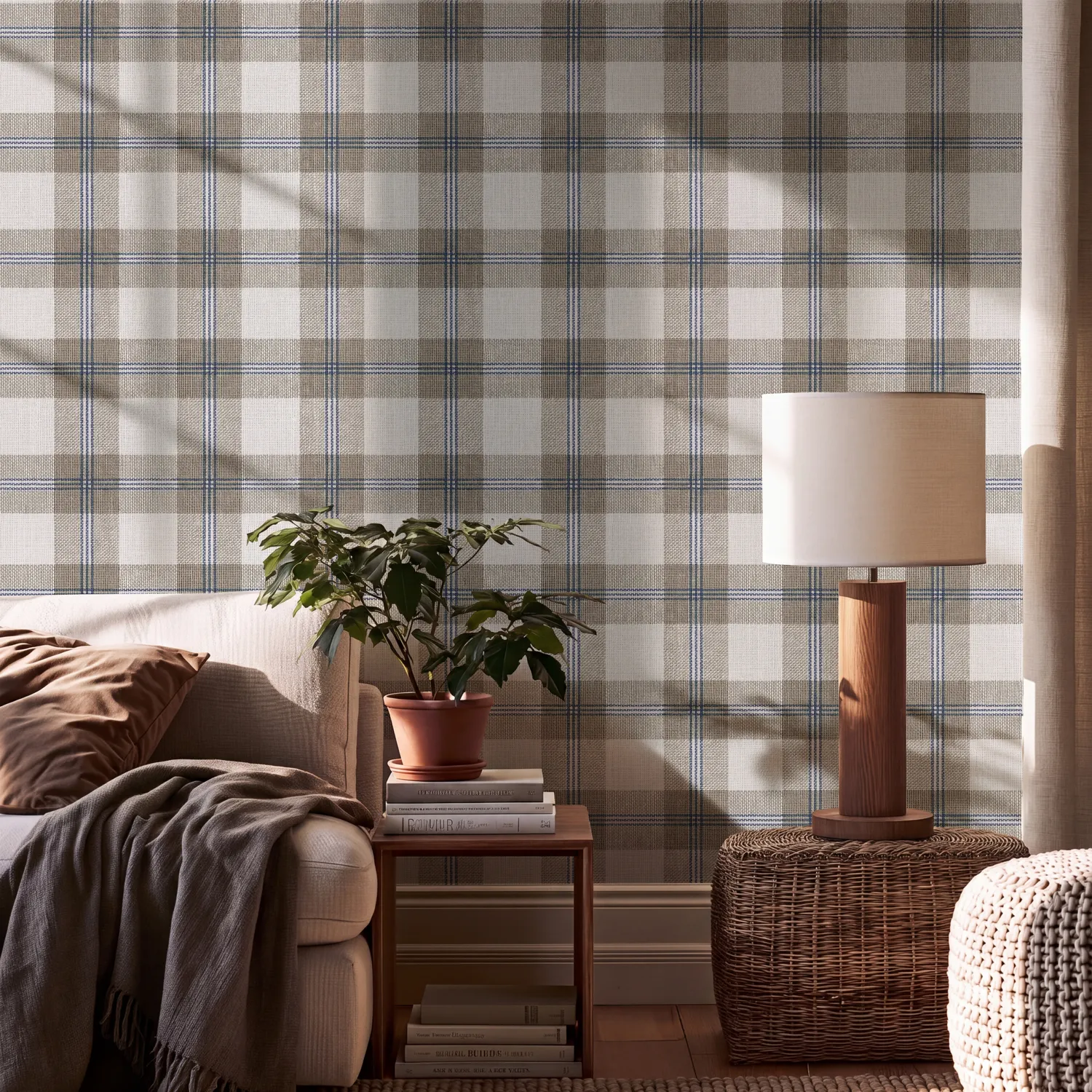 Beige Plaid Light Navy Wallpaper - Peel and Stick