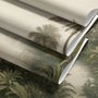 Misty tropical forest wallpaper with palms, pale river and hazy hills in muted green sepia