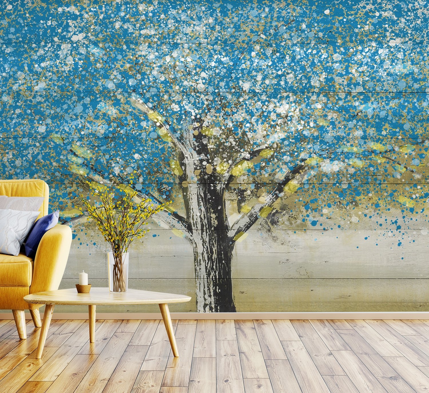 Watercolor Style Blue Tree Wallpaper Mural - Peel and Stick
