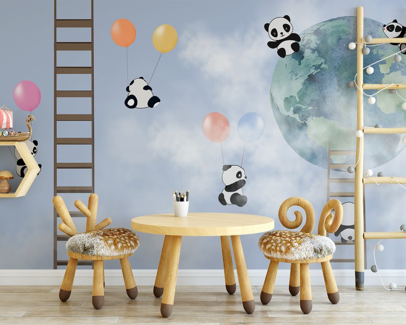 Papier peint panoramique pandas cartoon dans le ciel