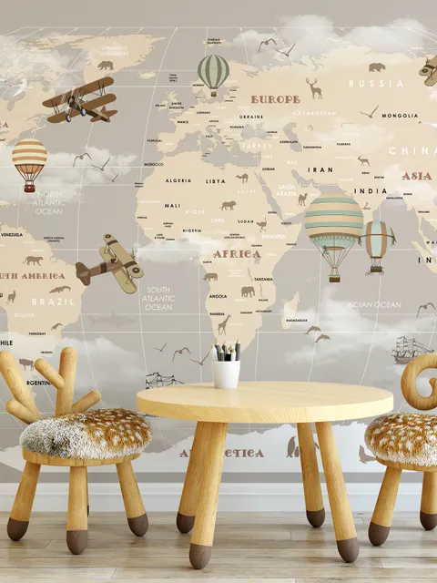 Beige Kids World Map with Hot Air Balloon Wallpaper Mural