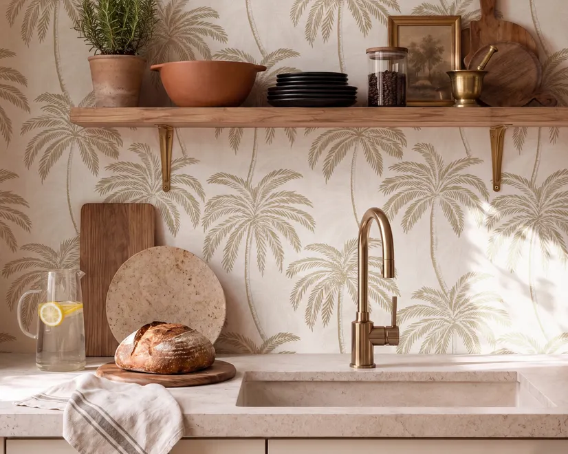 Muted sandy taupe palm trees and pale foliage on a creamy ivory ground tropical wallpaper