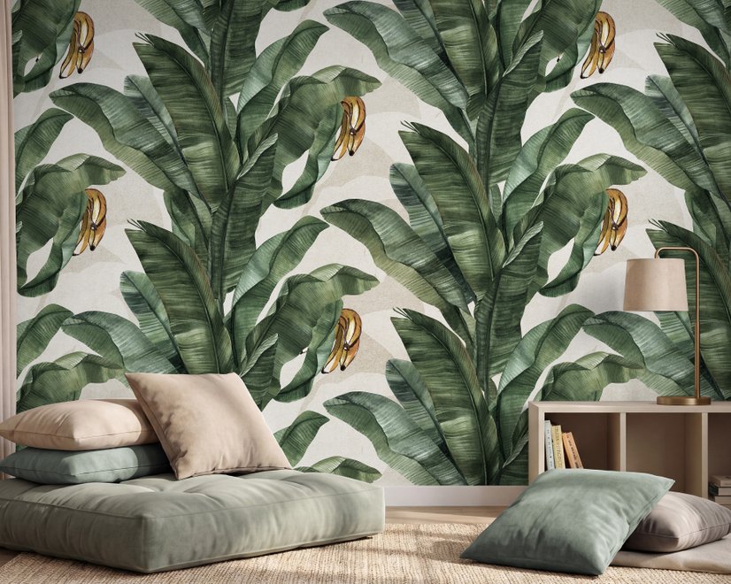 Papier peint panoramique à motif de feuilles de bananier exotiques