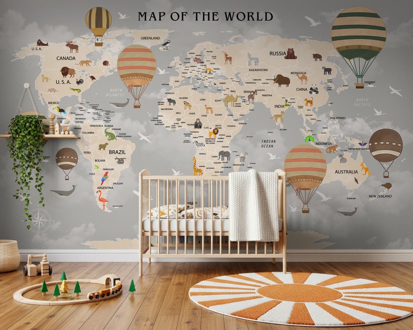 Papier peint carte monde montgolfière vintage enfants