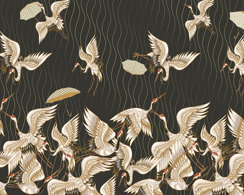 Papier Peint Panoramique Vintage Style Doré avec Grues Asiatiques