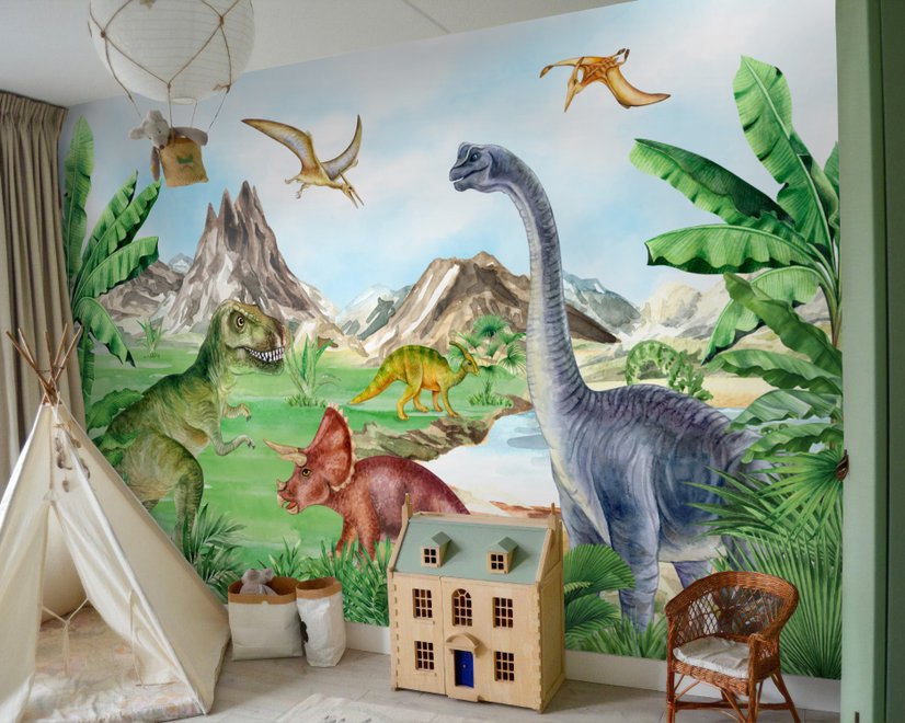 Fototapete für Kinder mit prähistorischen Dinosauriern