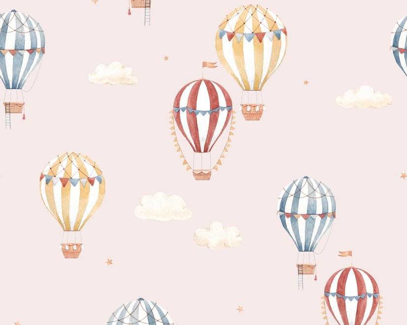 Hot air balloon nursery room wallpaper with watercolour balloons, clouds and stars on a soft blush-pink ground