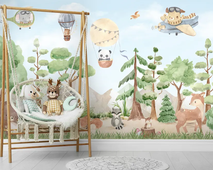 Papier peint animaux de la forêt avec animaux volants pour enfants