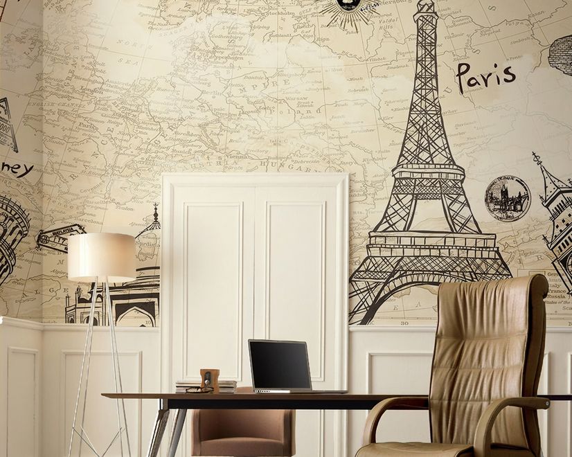 Vintage Map with Eiffel Tower Statue of Liberty Wallpaper Mural