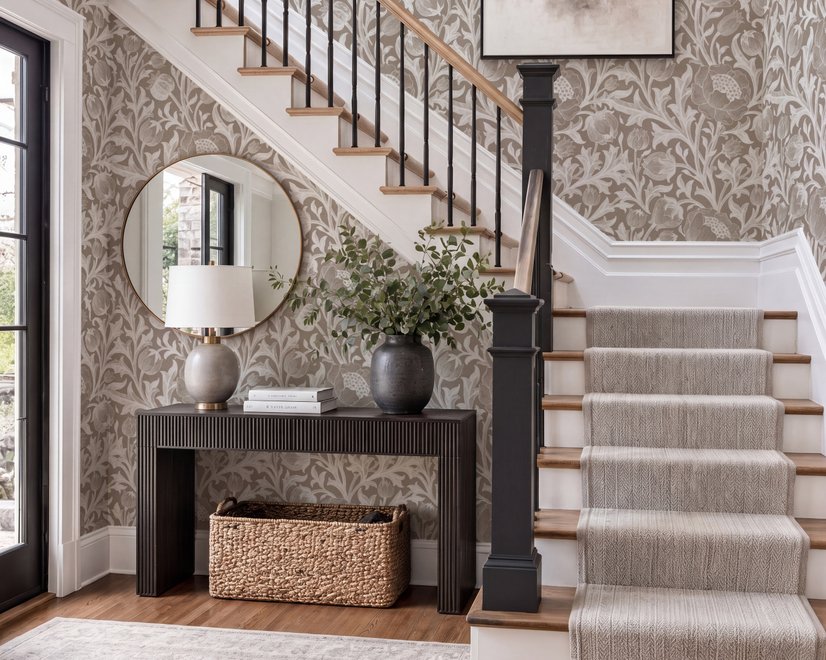 Greige botanical wallpaper with white watercolour flowers, buds, seed heads and acanthus leaves