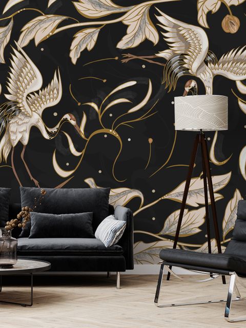 Dark Crane Birds and Brown Retro Florals Wallpaper Mural