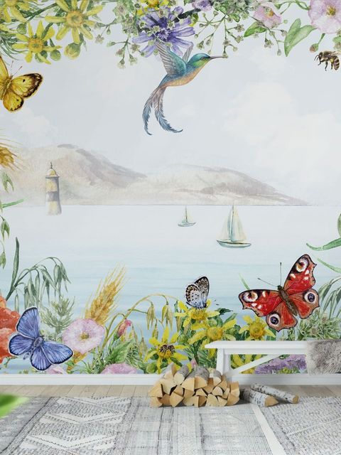 Papier peint panoramique vue mer fleurs jardin