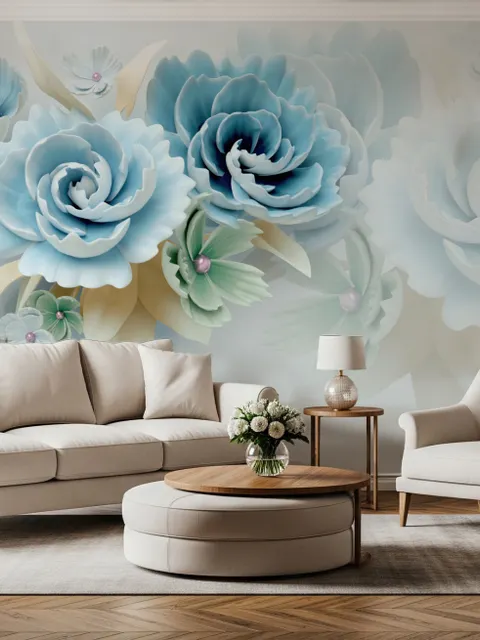 Europäischer Stil 3D Blau-Grün Floral Fototapete