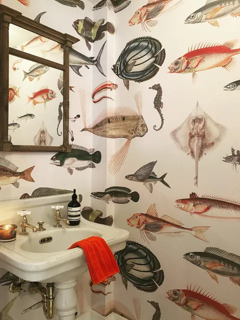 Vintage Style Aqua Fish Art Wallpaper Mural