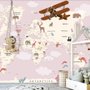 Papier peint carte monde rose avion montgolfière vintage filles enfants