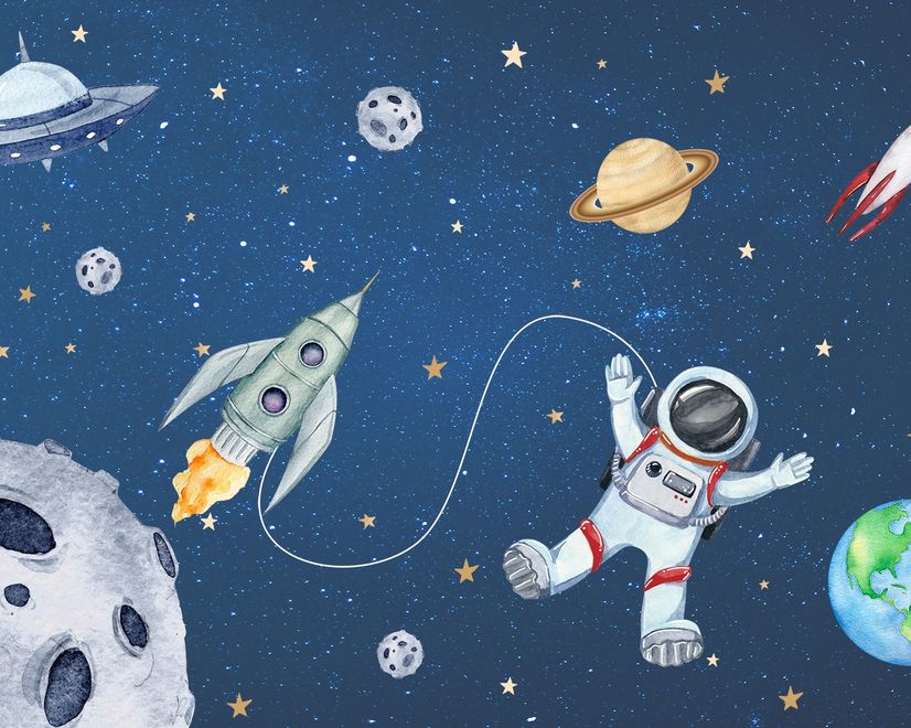 Kids Watercolor Space with Spaceship and Astronaut Wallpaper Mural