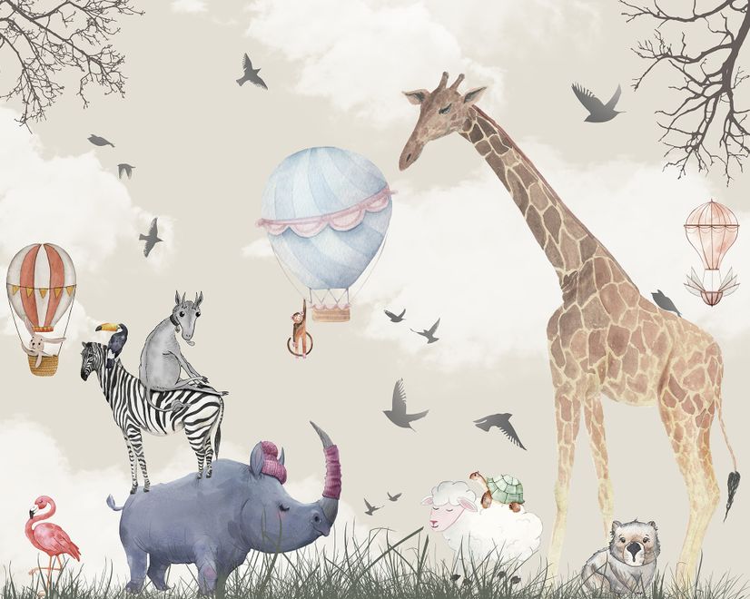 Kids Watercolor Woodland Animals with Giraffe Zebra Hippopotam Wallpaper Mural