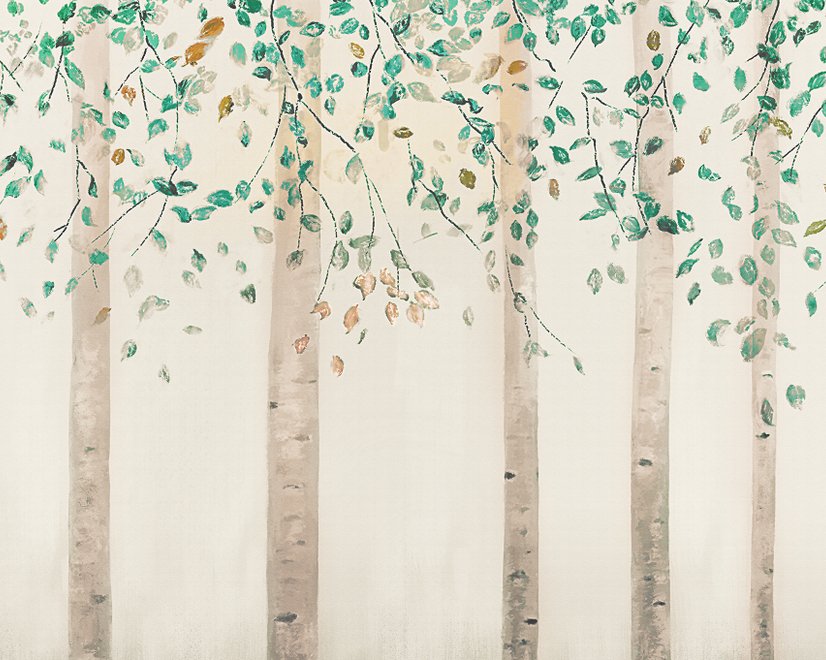 Watercolor Style Forest with Green Brown Little Leaves Wallpaper Mural