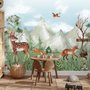 Niedliche Waldtiere mit Kinder-Berglandschaft Fototapete