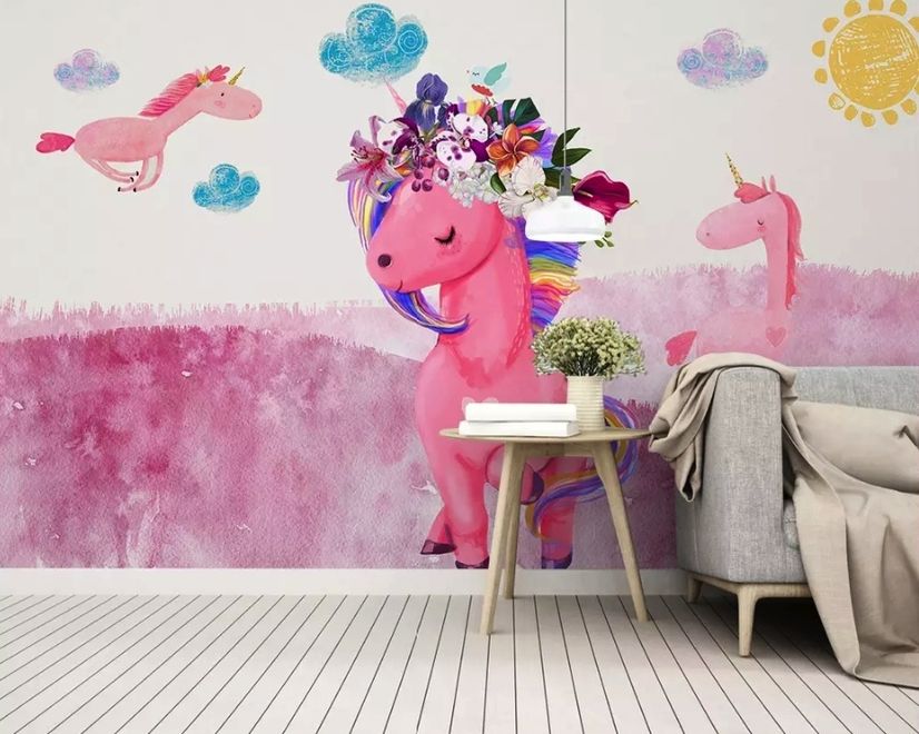 Papier peint panoramique licorne rose dessin animé