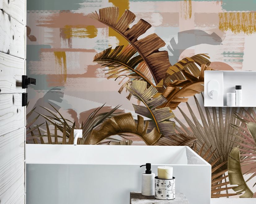 Tropical Leaf Painting with Brush Strokes Wallpaper Mural