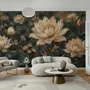 Ivory lotus flowers and seed pods on charcoal teal lily pads in a botanical lotus wallpaper mural