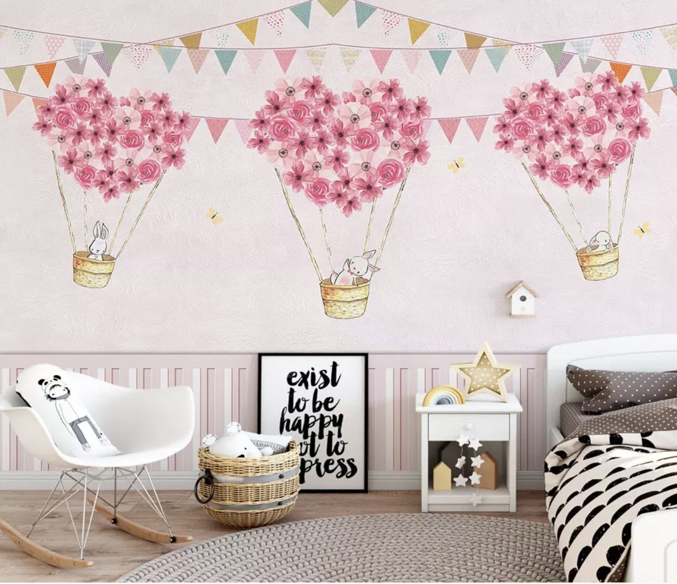 Flowery Hot Air Balloon with Rabbits Wallpaper Mural - Peel and Stick