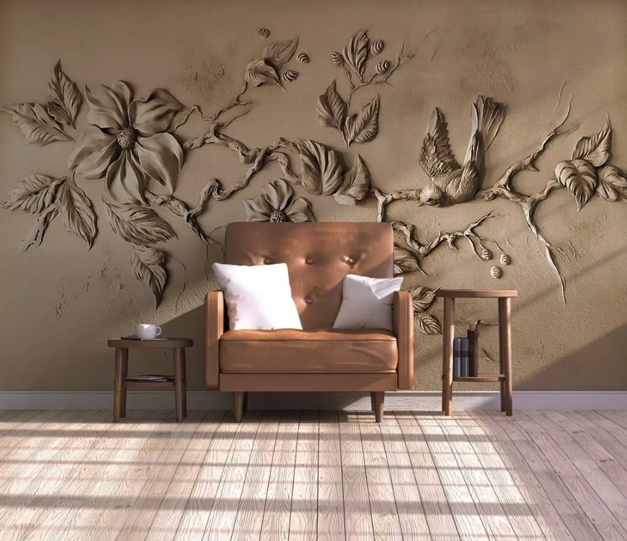 3D Embossed Look Cement Floral Tree Wallpaper Mural - Peel and Stick