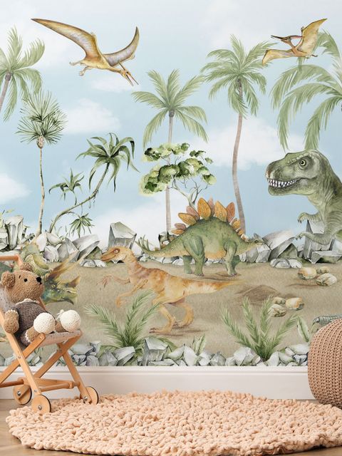 Jurassic World Aquarell Dinosaurier für Kinder prähistorische Tiere Fototapete